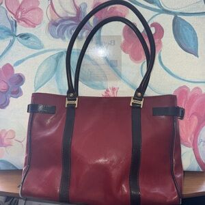 Valentina Italian Red Leather Bag with Brown Straps